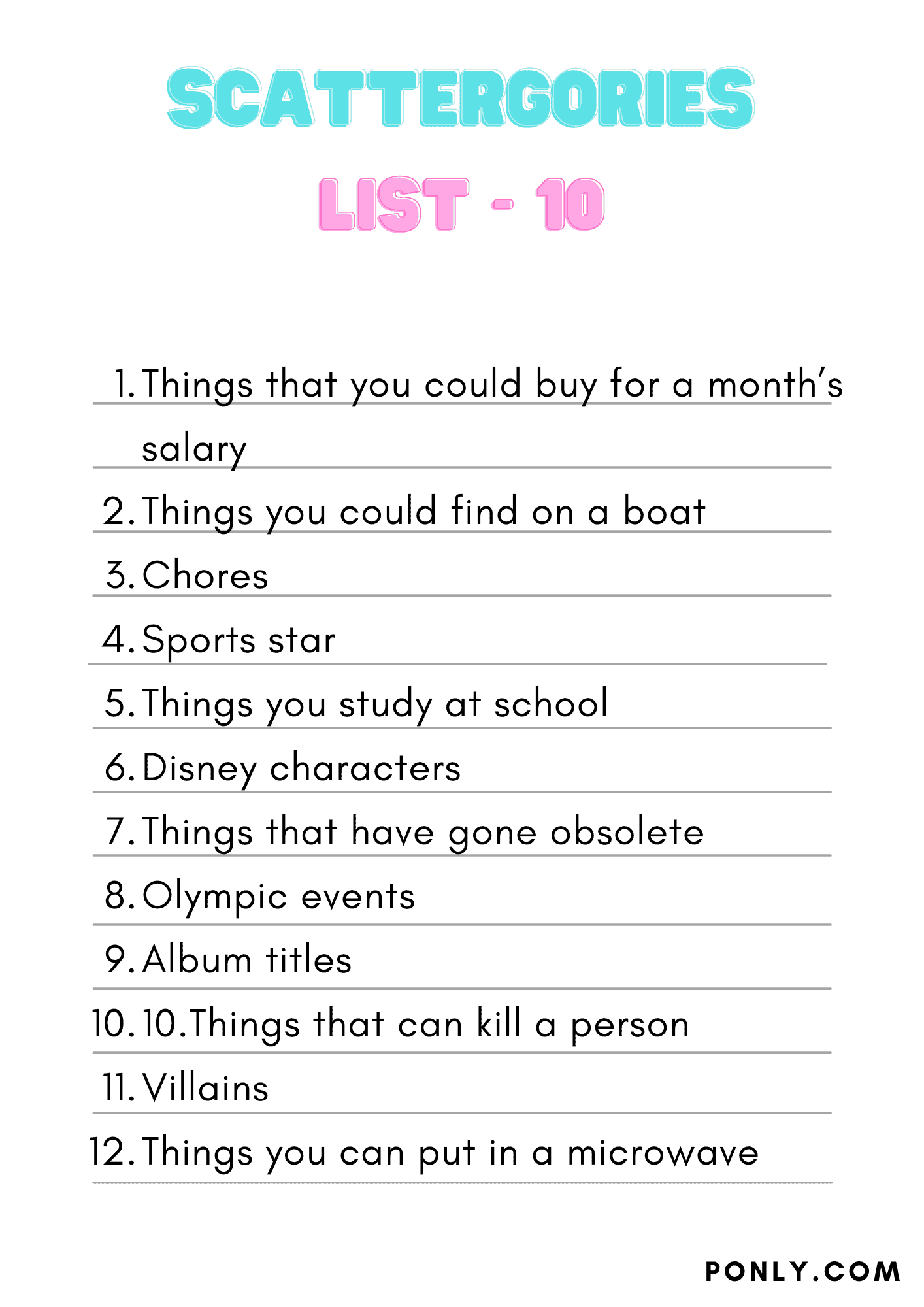 Scattergories List 10
