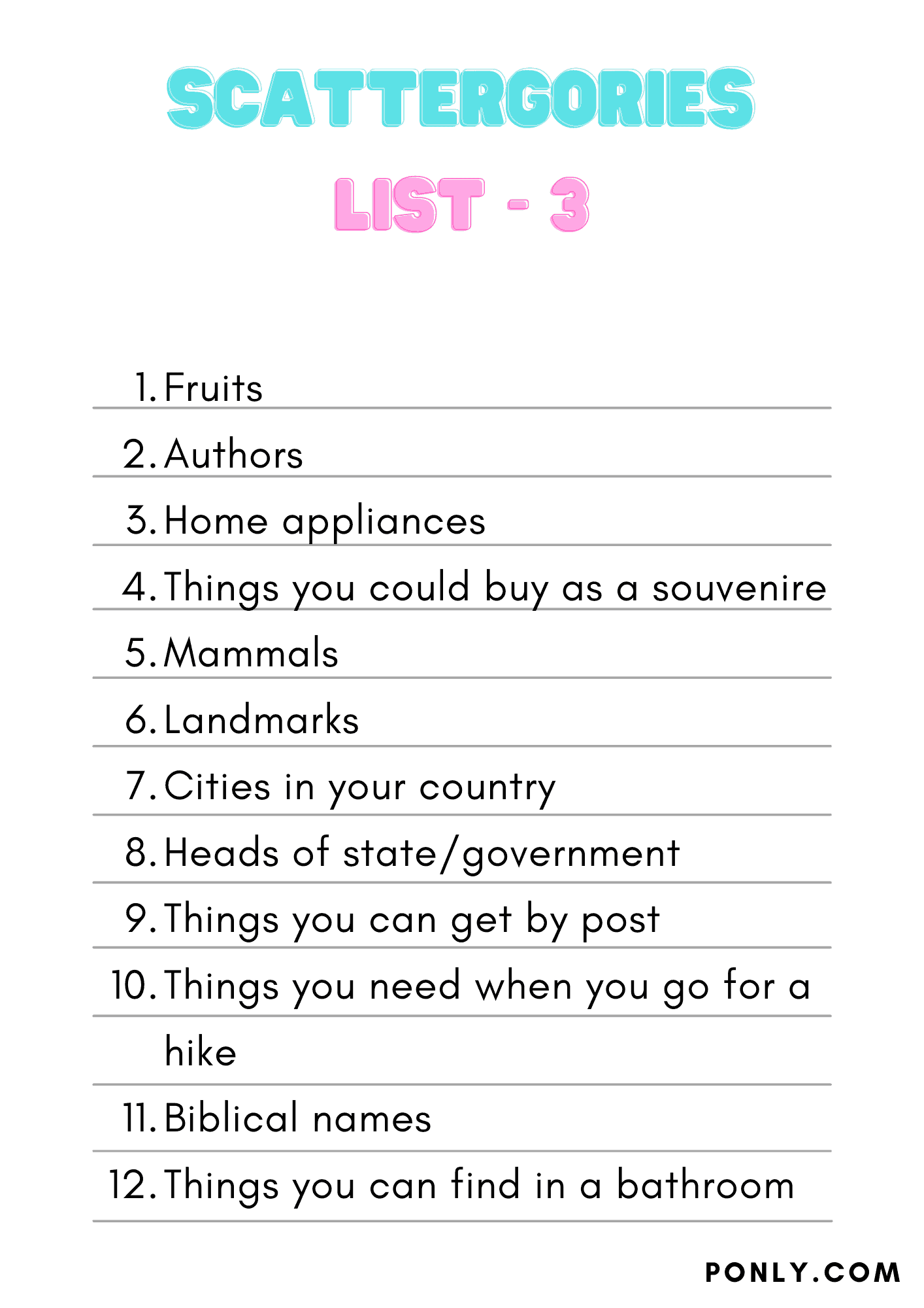 Scattergories List 3
