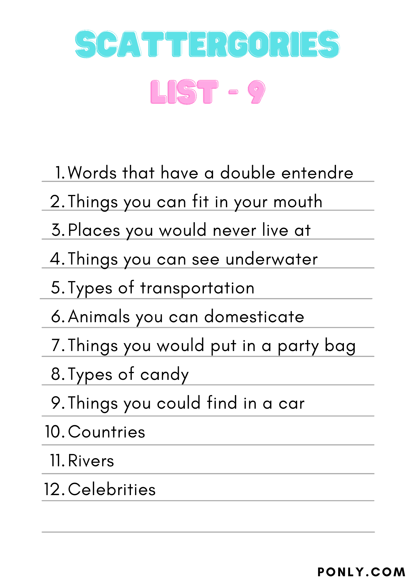 Scattergories List 9